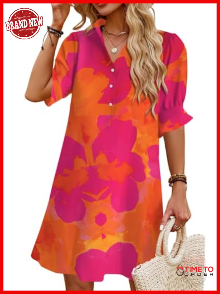 Ruffle Short Sleeve Button Down Swing Shift Mini Dress With Pockets